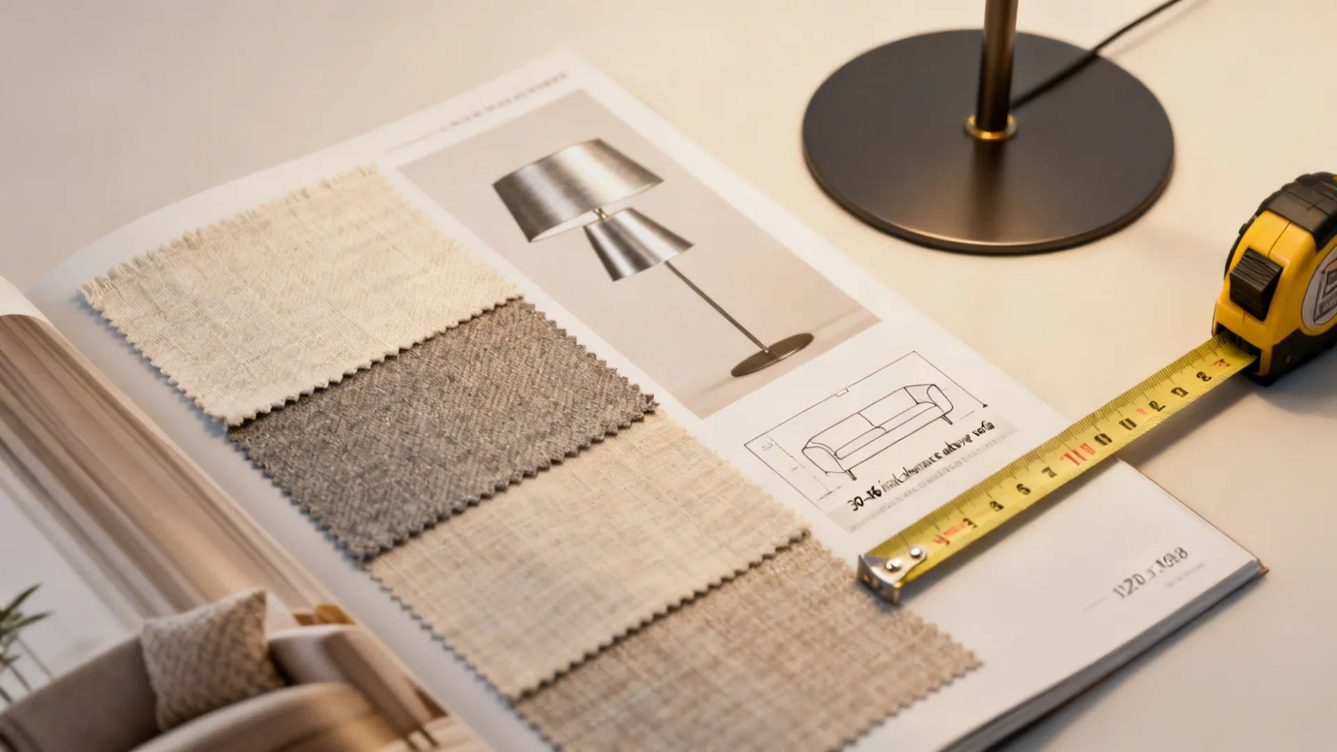 FAQ concept layout with fabric samples, tape measure and diagram illustrating clearance and material choices for big shades.