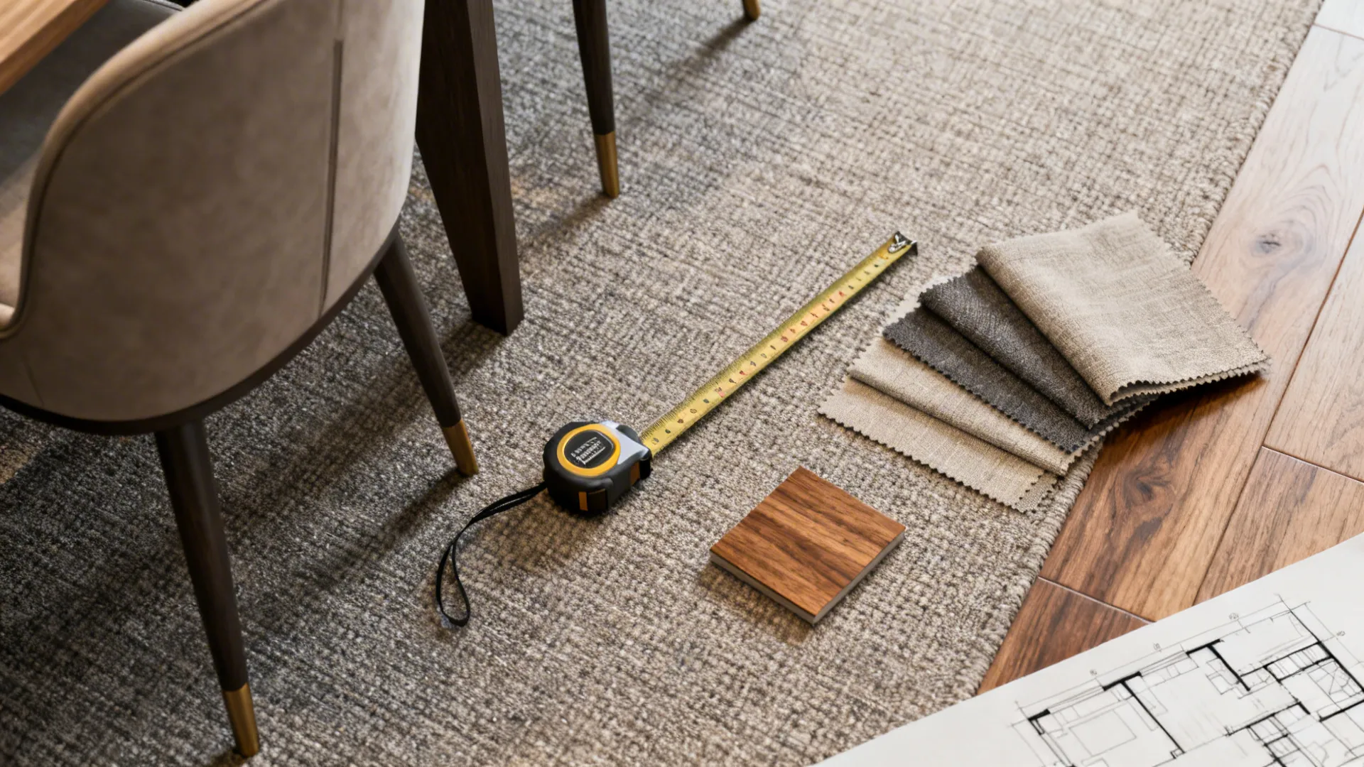 Close-up of tape measure, fabric swatches, wood sample and floor plan for layout planning