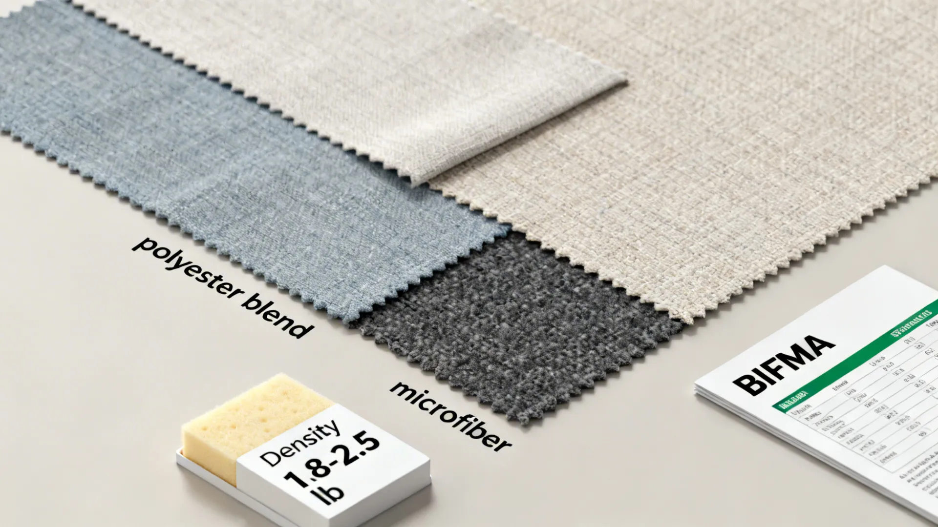 Fabric swatches, foam density card, and a standards booklet illustrating sofa selection FAQs.