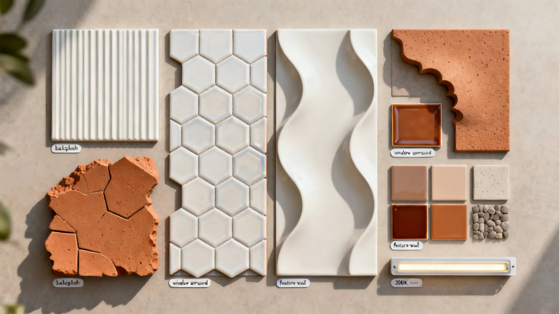 Flatlay of 3D tile samples and grout options for small kitchens.