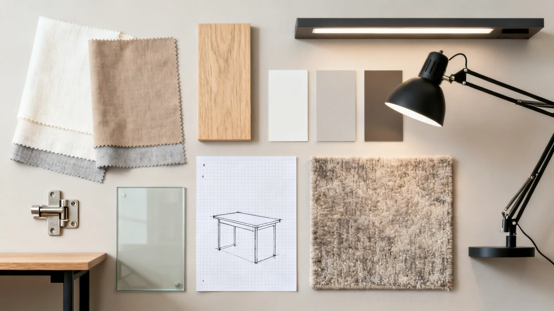 Flatlay of neutral fabric swatches, oak, paint chips, glass, hardware, and a living room layout sketch.