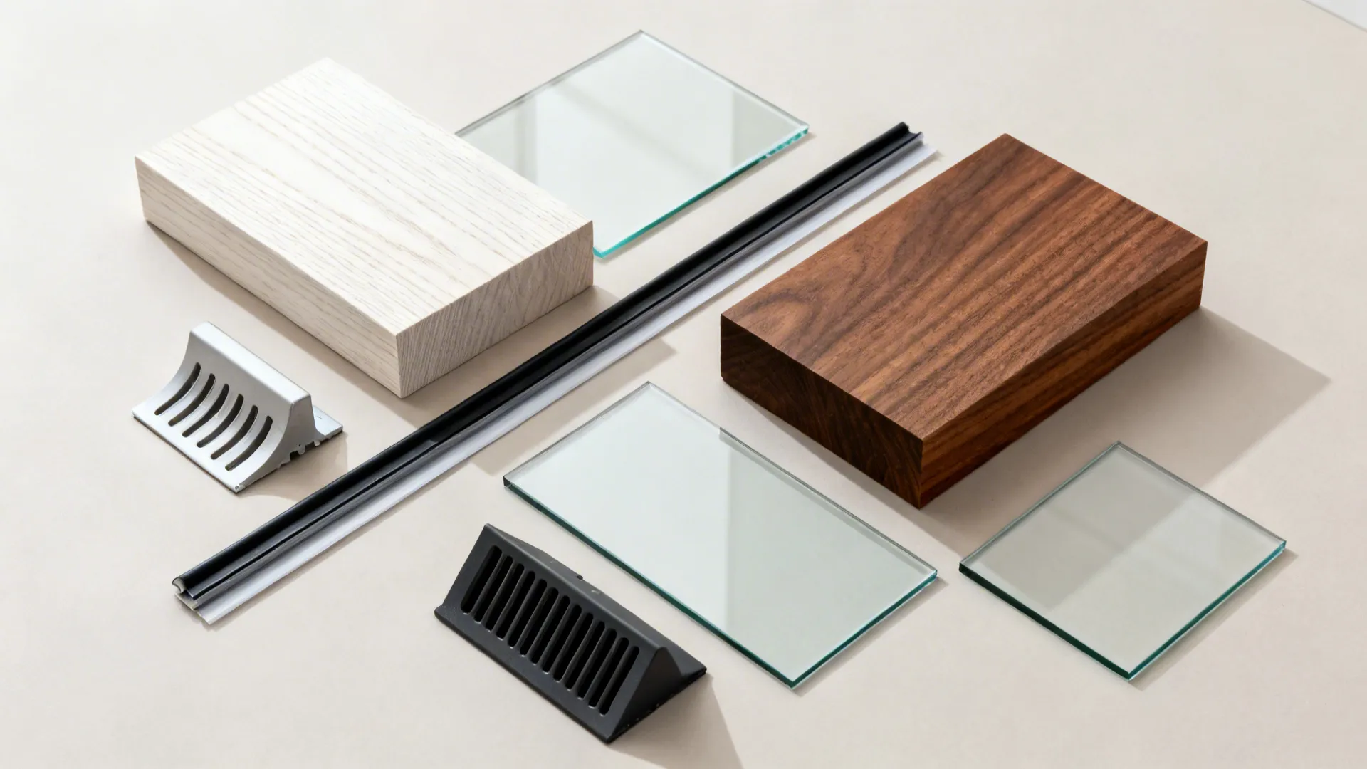 Selection of interior design materials including wood blocks glass panels metal tracks and small black vents