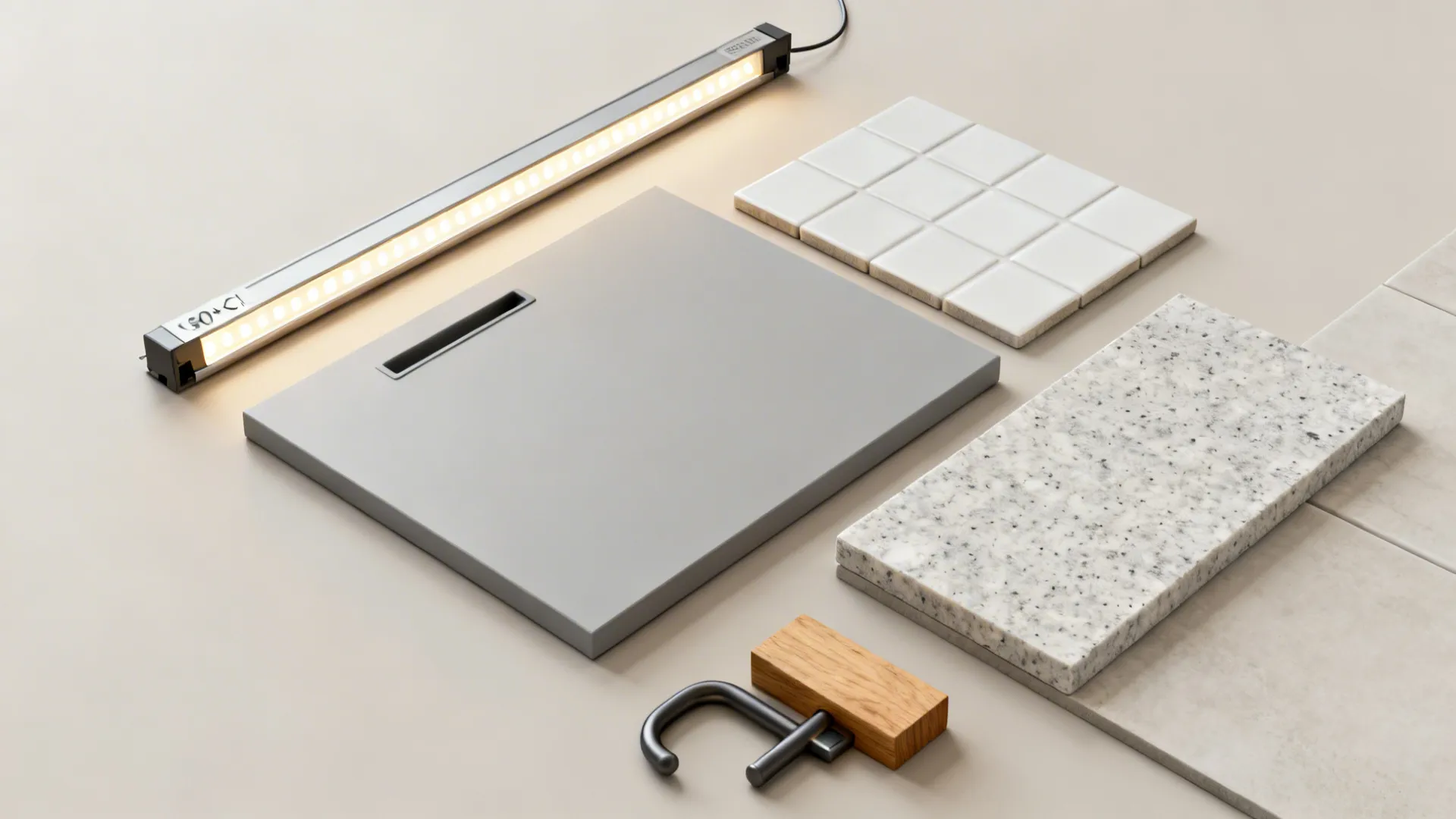 Flat lay of LED strip, matte door chip, quartz slab, glazed tile, oak accent, and a rail hook.