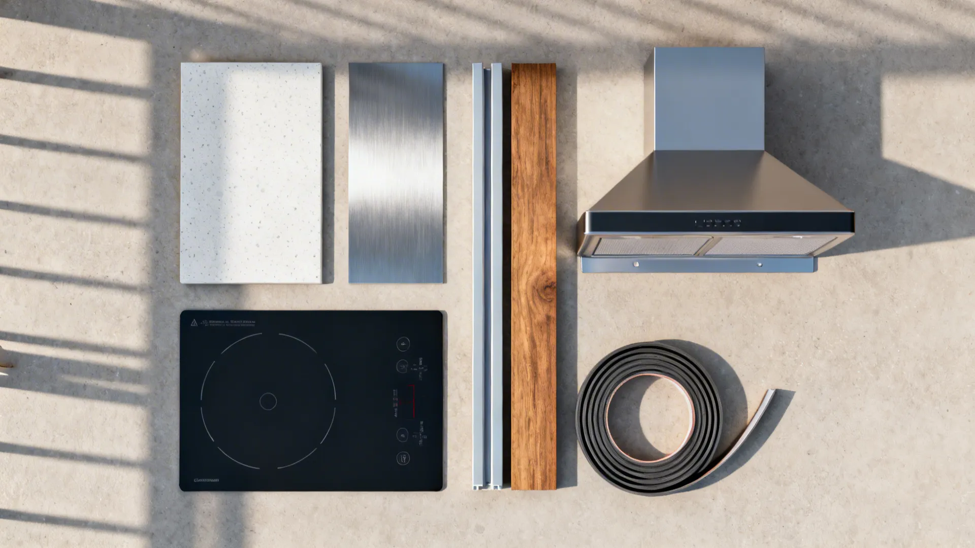 Flat lay of porcelain, brushed stainless, aluminum profile, timber, induction plate, hood cap, and weatherstripping.