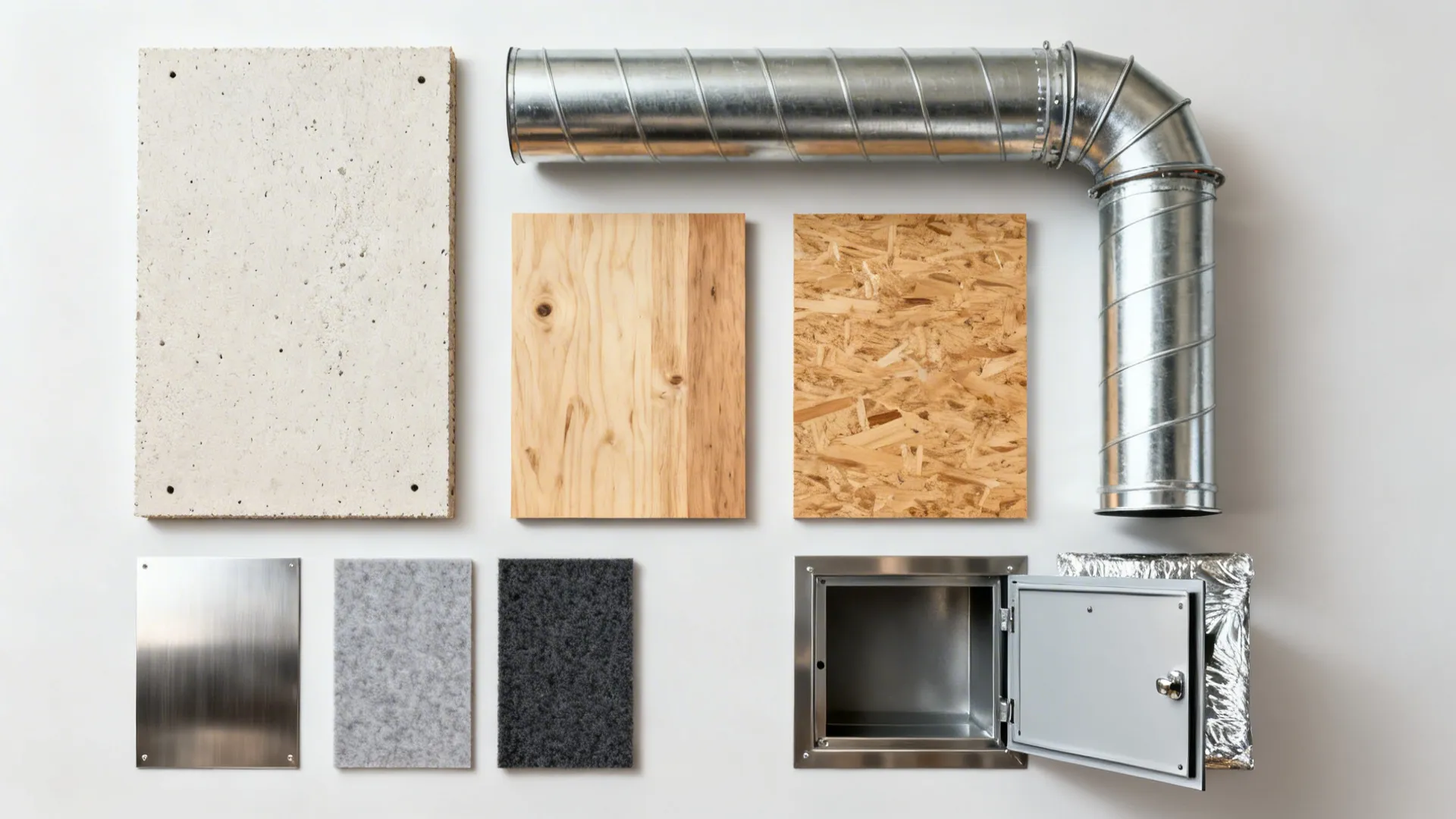 Flat lay of interior design materials including wood boards metal pipe stone and small metal cabinet