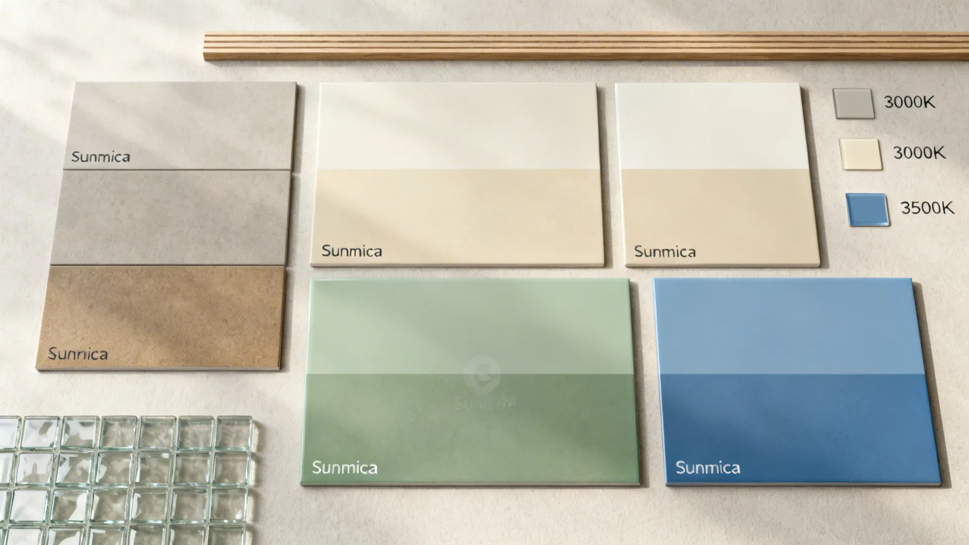 Flatlay of Sunmica samples in neutrals, two-tone sets, muted hues, and sheen options with lighting cues.