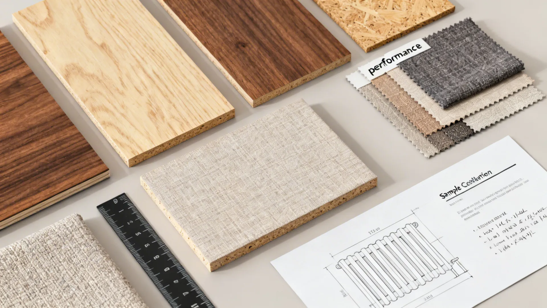 Material swatches, rulers, and dimension notes for bay window seating and radiator clearance.