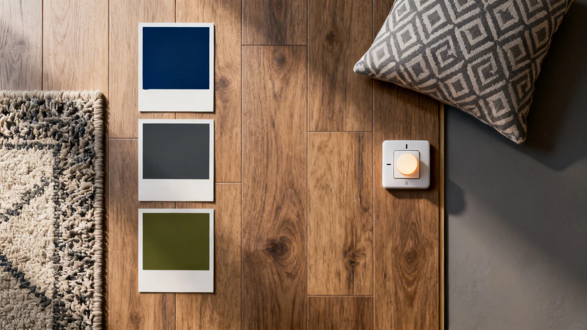 Materials and samples illustrating paint colors, flooring and lighting temperature for a masculine bedroom.