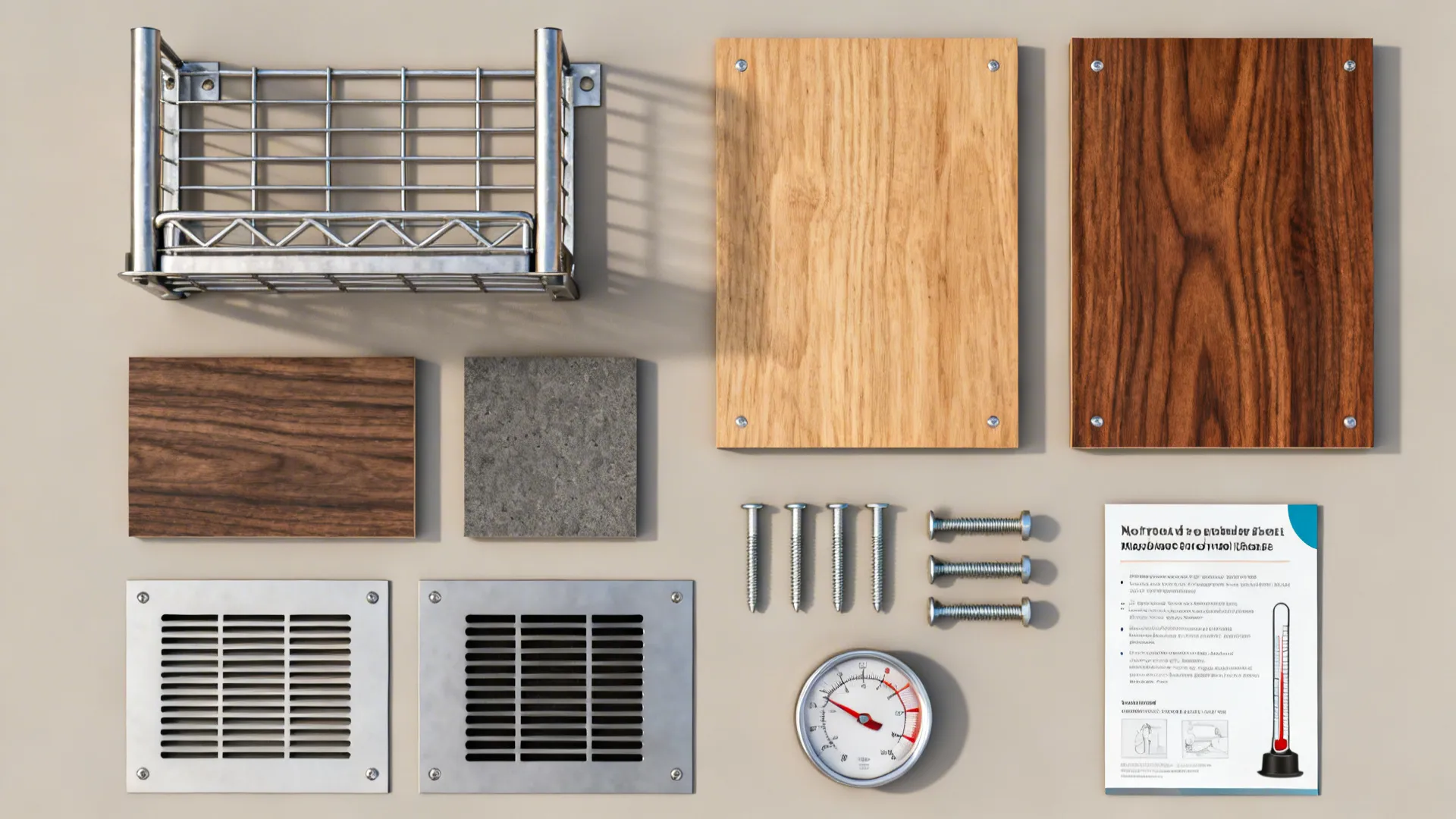 Material samples and hardware for planning safe wine storage in small spaces.