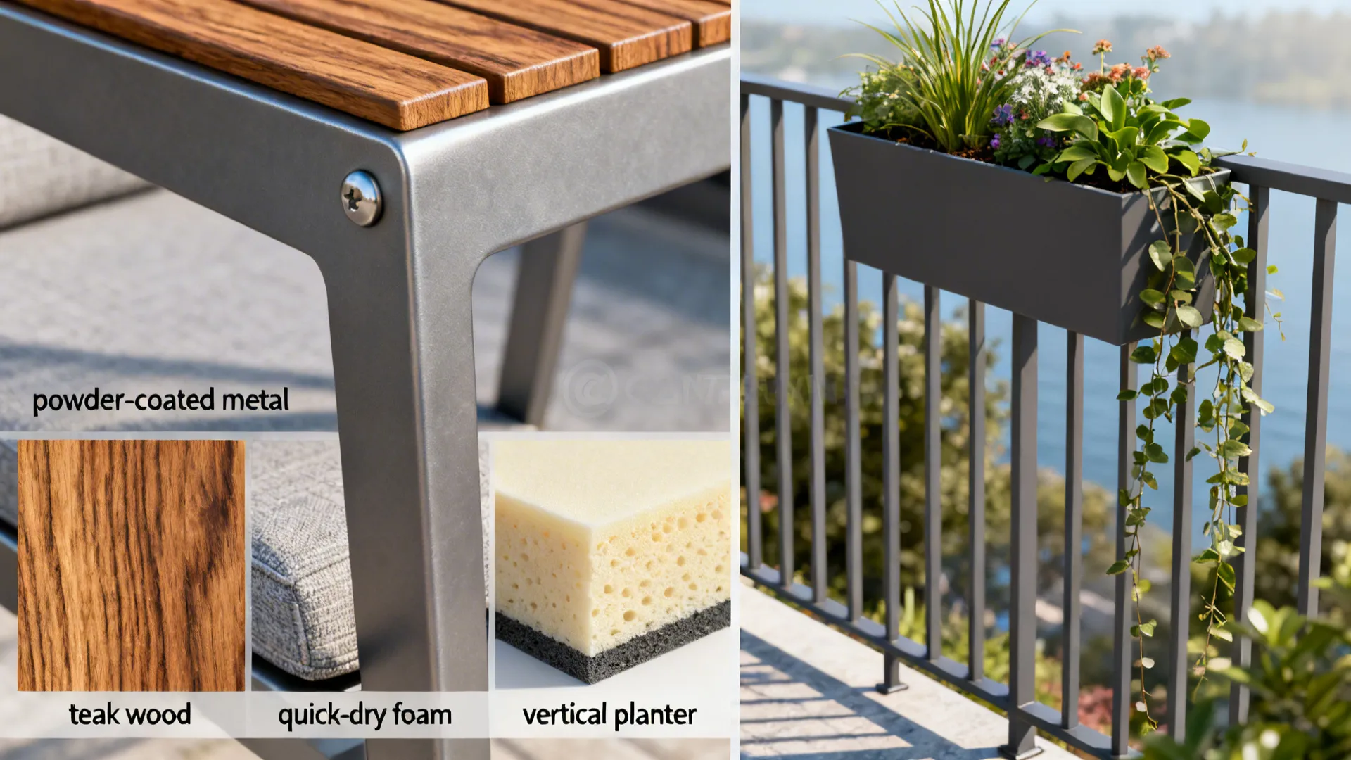 Outdoor furniture material details including metal frame wood texture foam and a balcony railing planter