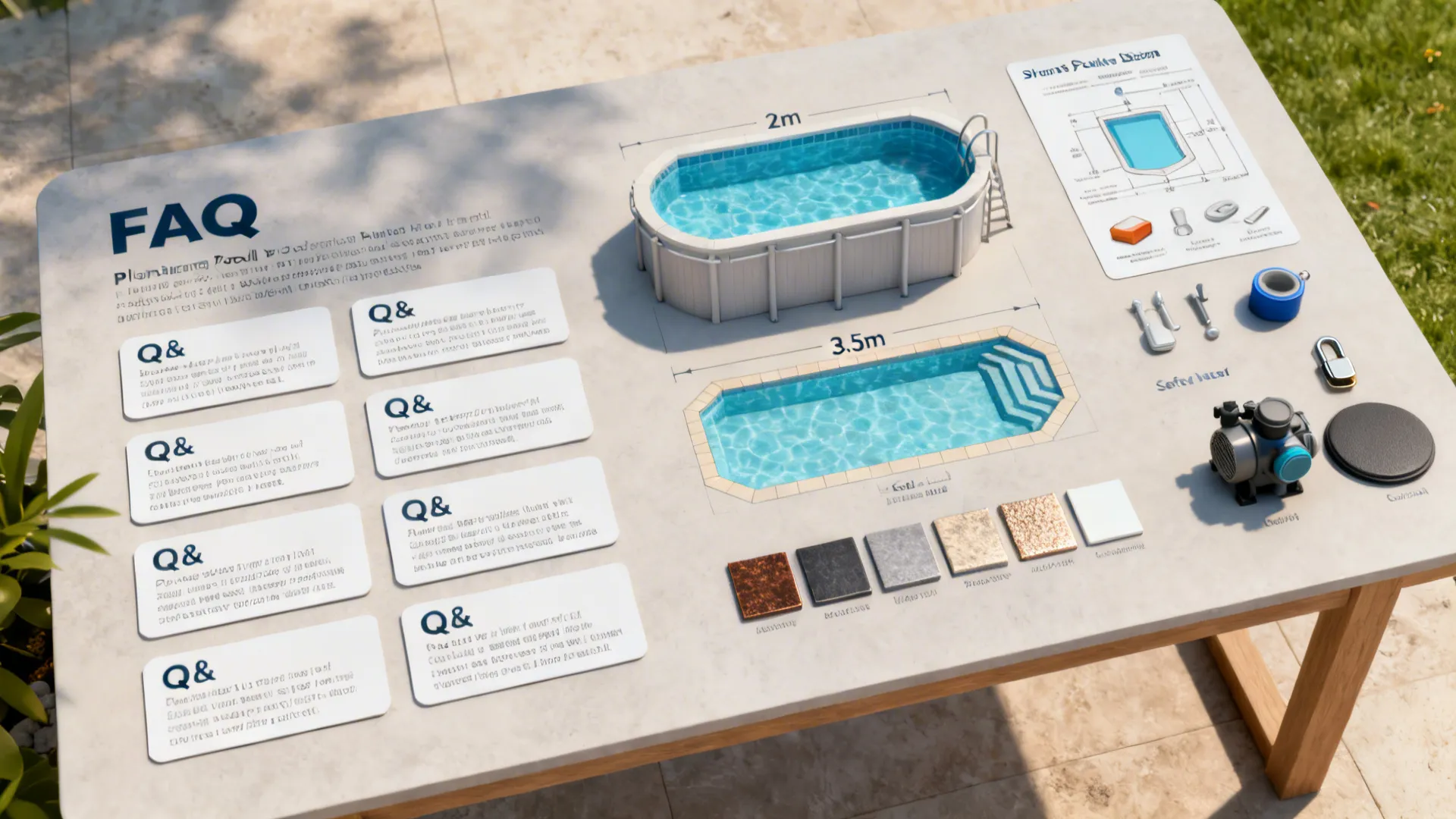 FAQ layout with scale models, pump diagrams and safety accessories for plunge pools.