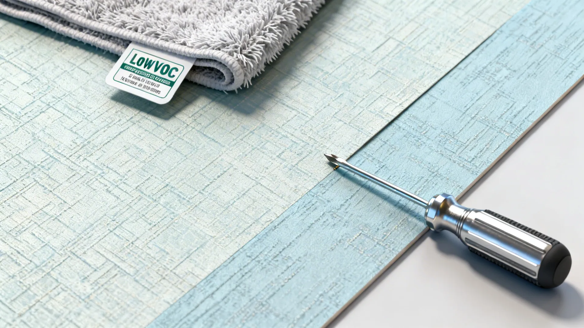 Durable vinyl wallpaper sample with care tools and low-VOC certification icon.