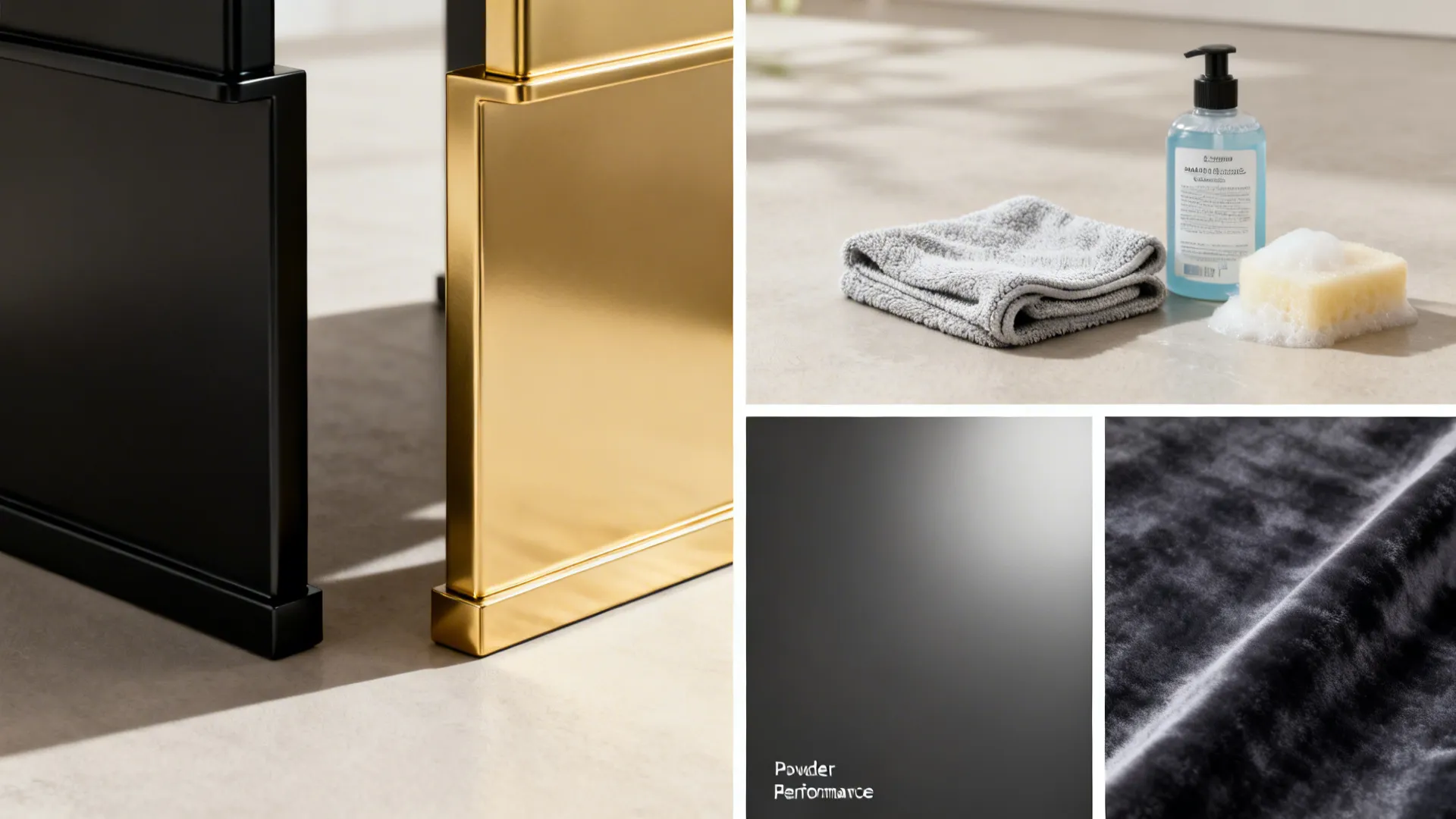 Collage of material swatches and cleaning tools for black and gold finishes
