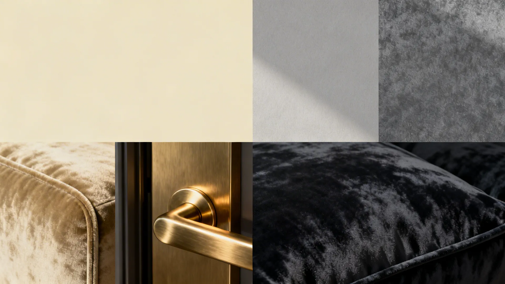 Collage of swatches: warm cream, soft gray, performance velvet and brushed brass