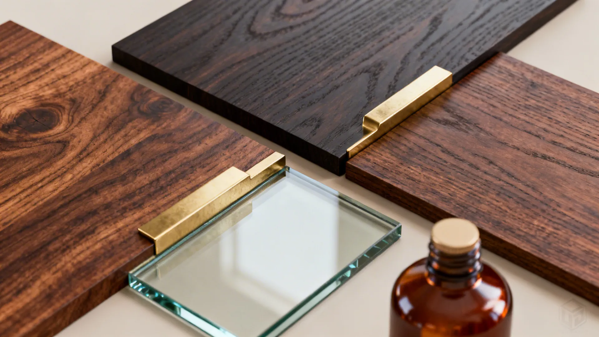 Various interior material samples showing dark wood, brown wood, glass, gold handles, and brown bottle.