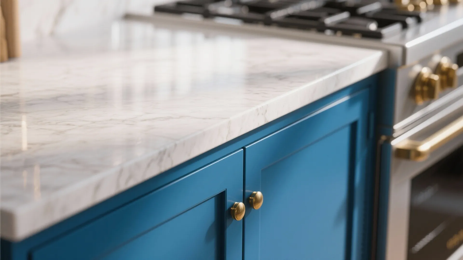 Close up of white marble countertop above blue cabinets with round gold knobs near stove