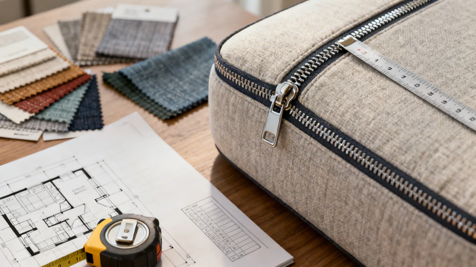 Close-up of removable cushion zipper, fabric swatches, and a floorplan with measuring tape for buying tips.