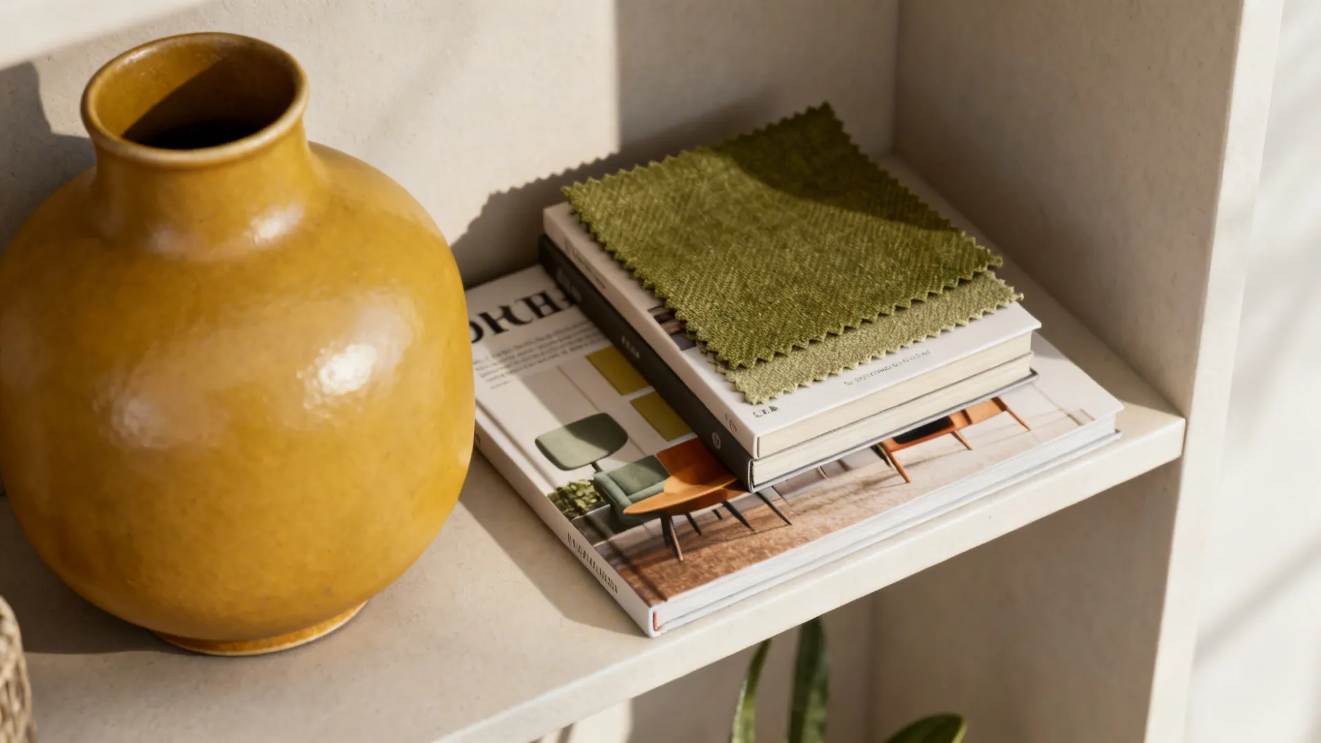Shelf detail with mid-century accessories and material samples showing palette and textures