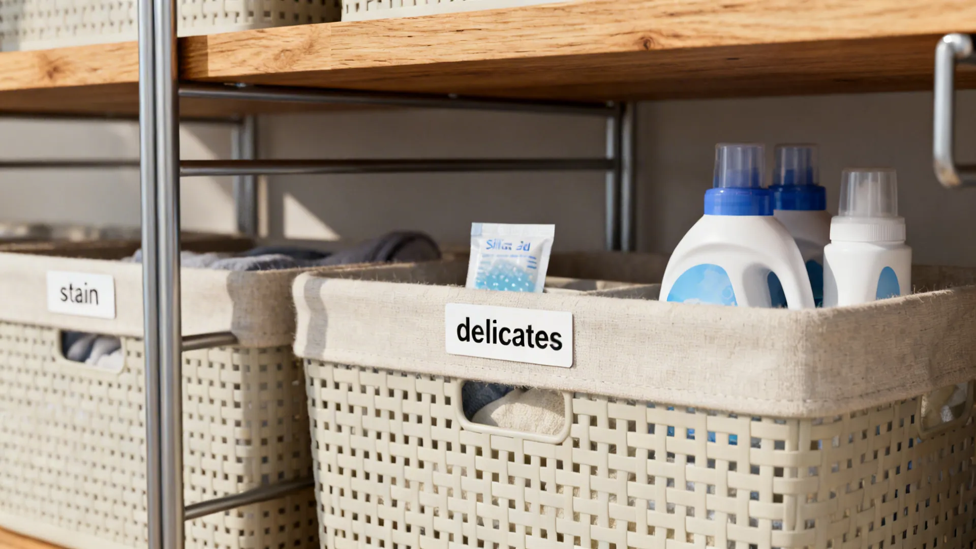 Close-up of sealed plywood edge, powder-coated metal rack and labeled baskets for moisture-resistant storage
