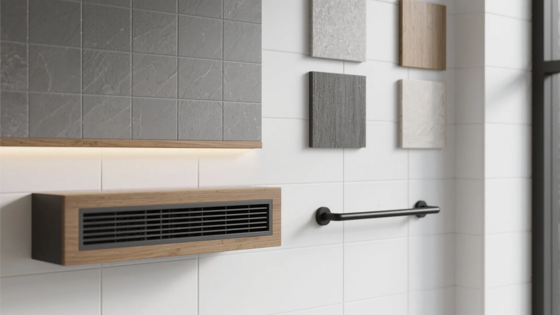 Modern bathroom wall with grey tiles, wood cabinet, black towel bar, and various material samples