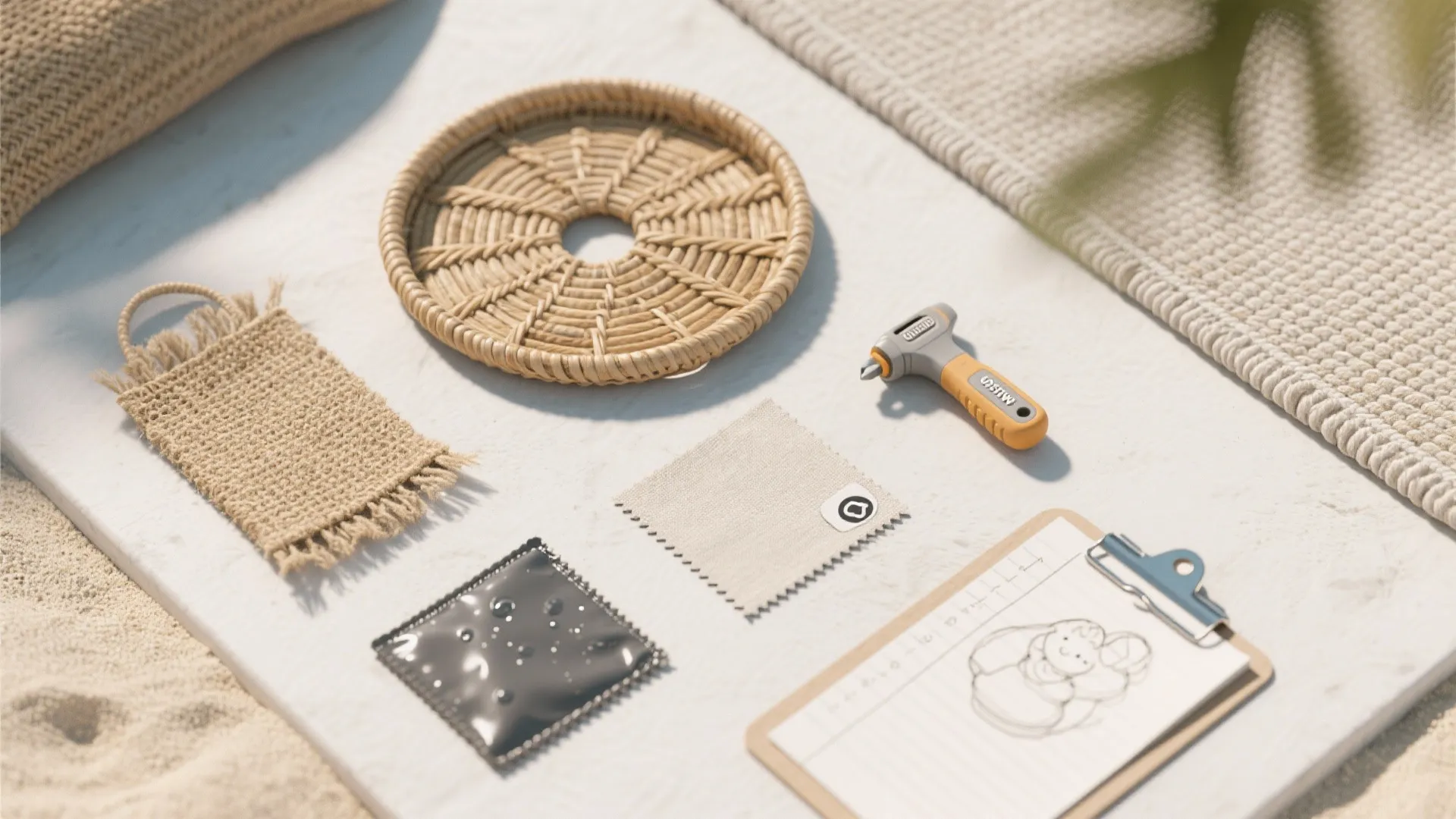 Flatlay of beachy material samples: jute, rattan, linen, water-resistant rug sample and planning sketches.