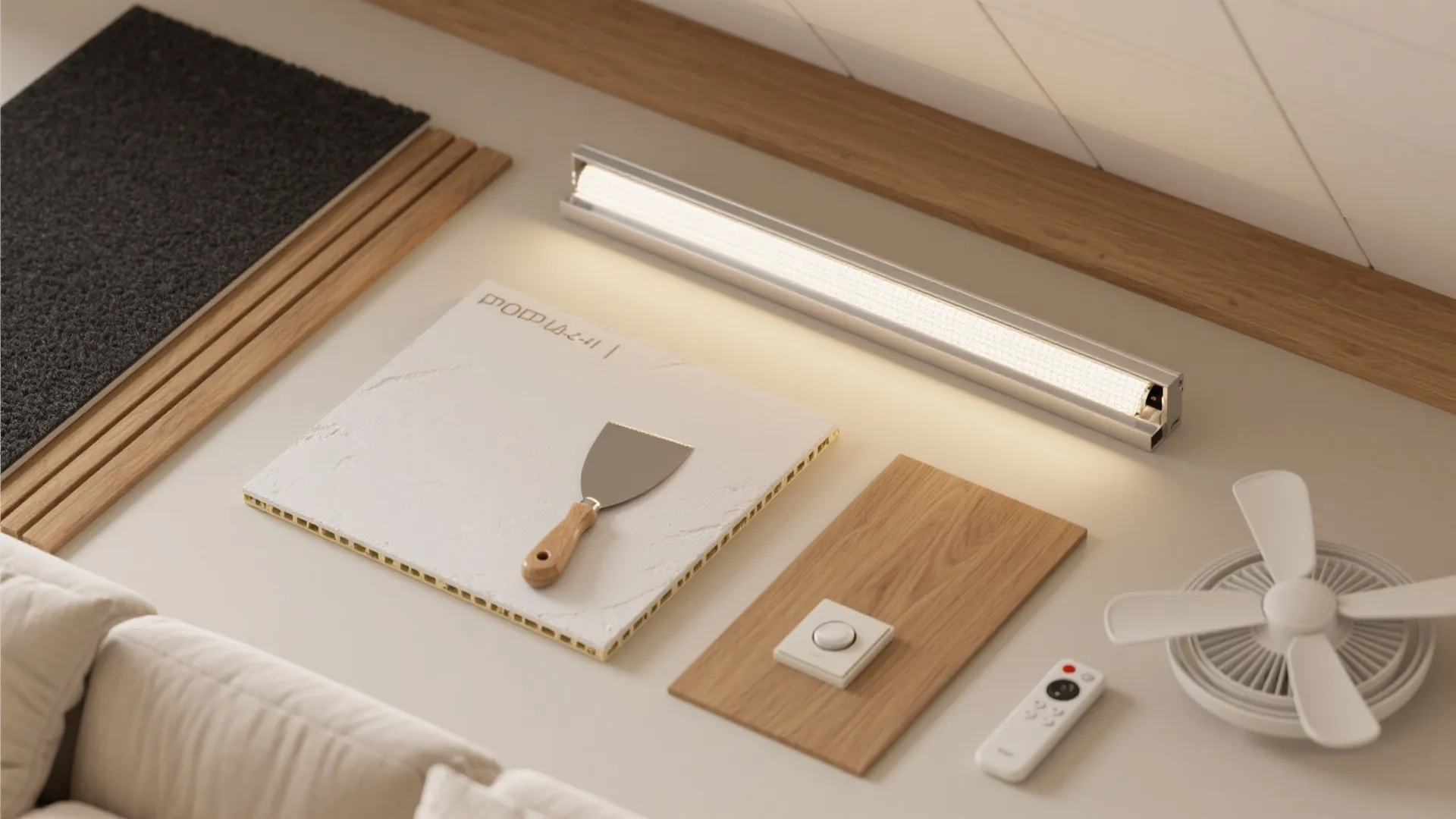 Flat lay of interior design materials including wood samples a light fixture and small fan