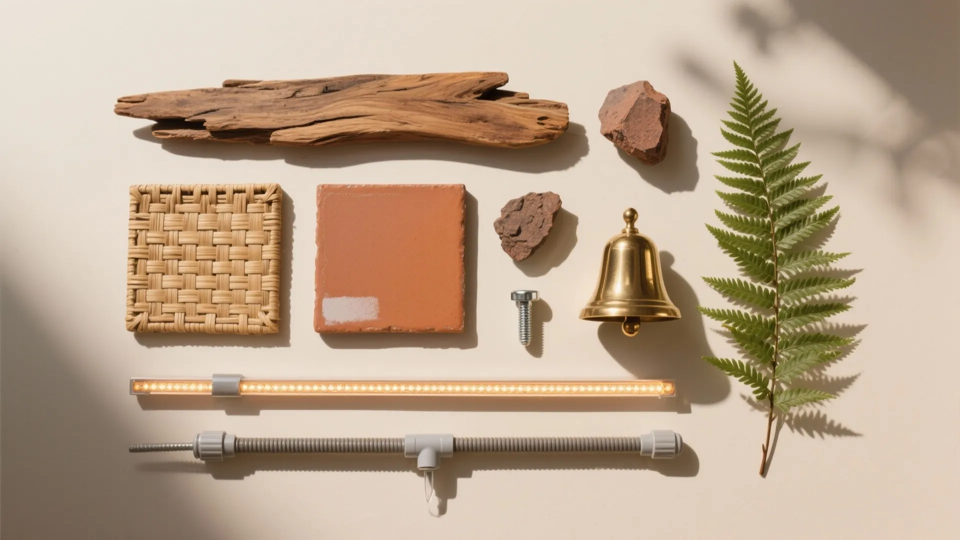 Flat lay of interior design materials including wood stone tile leaf bell and light strip