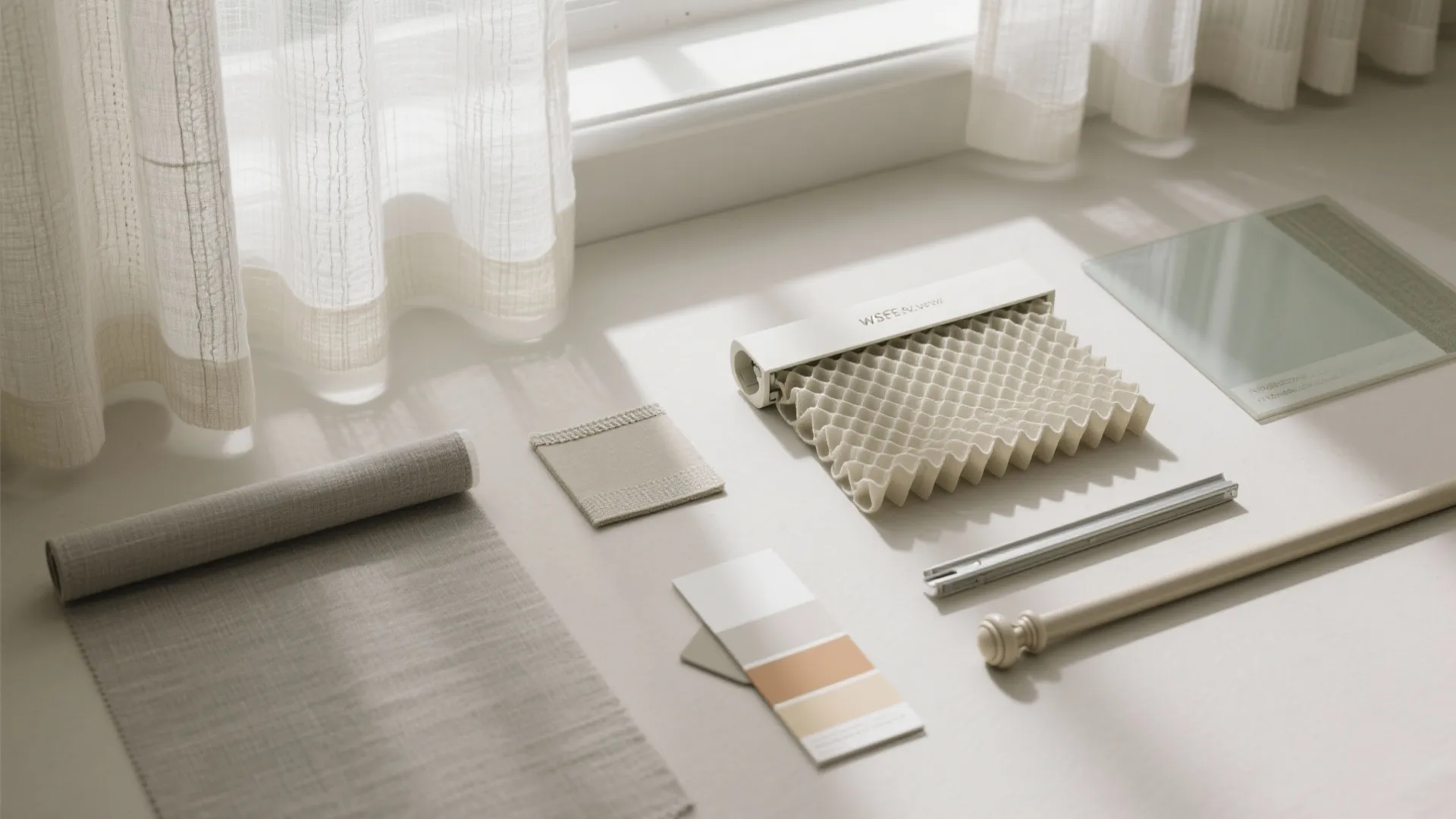 Interior design material samples including fabric swatches, color palette, curtain rod, and honeycomb window shade