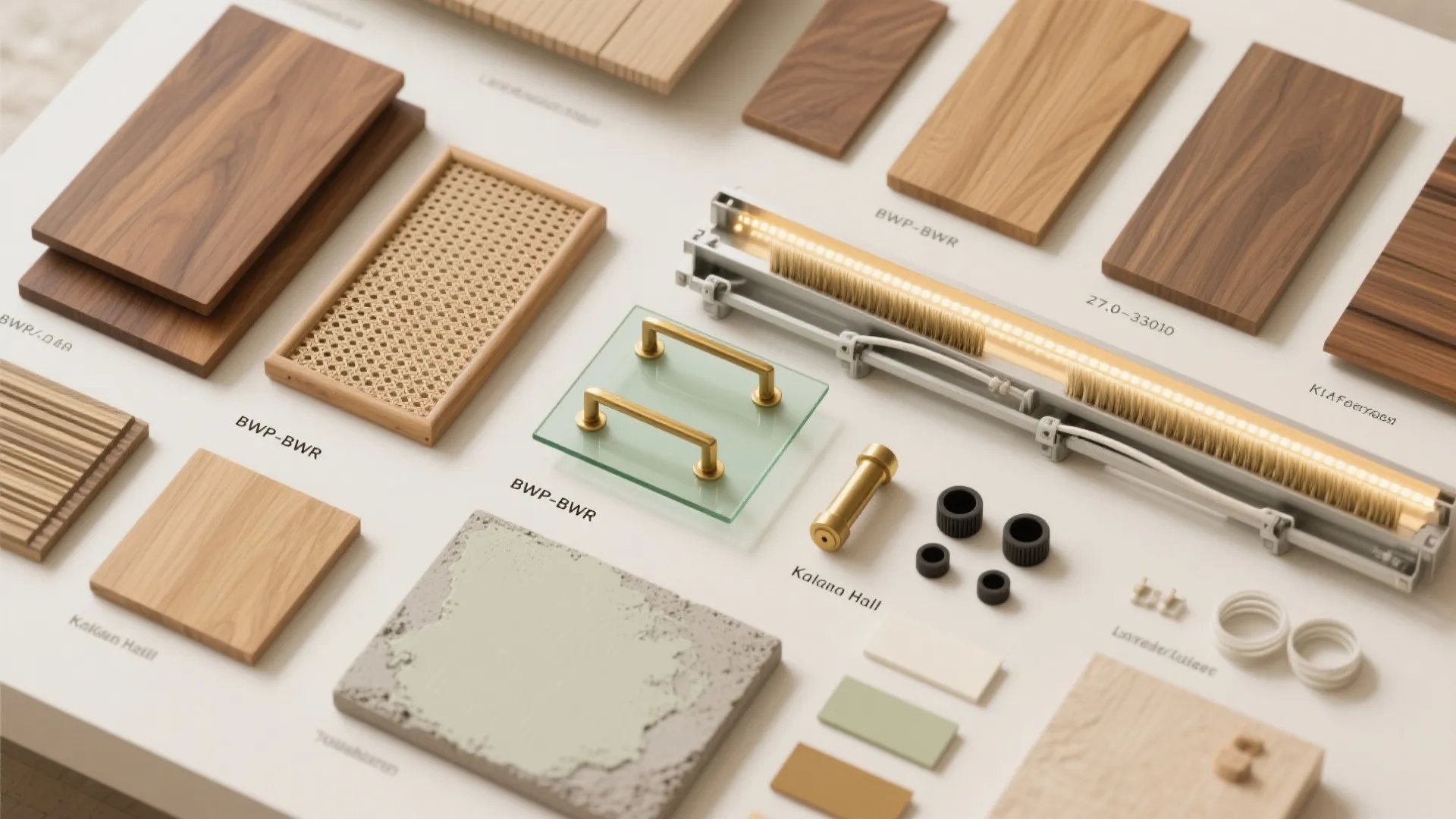 Interior design material board displaying wood samples metal handles glass panels and various small hardware