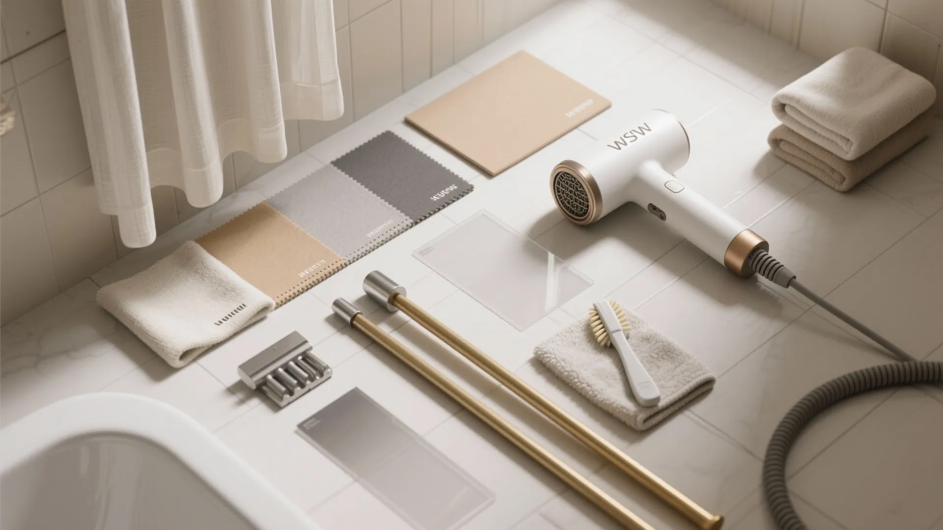 Top-down flat lay of moisture-resistant fabrics, curtain hardware, frosted film, and cleaning tools.