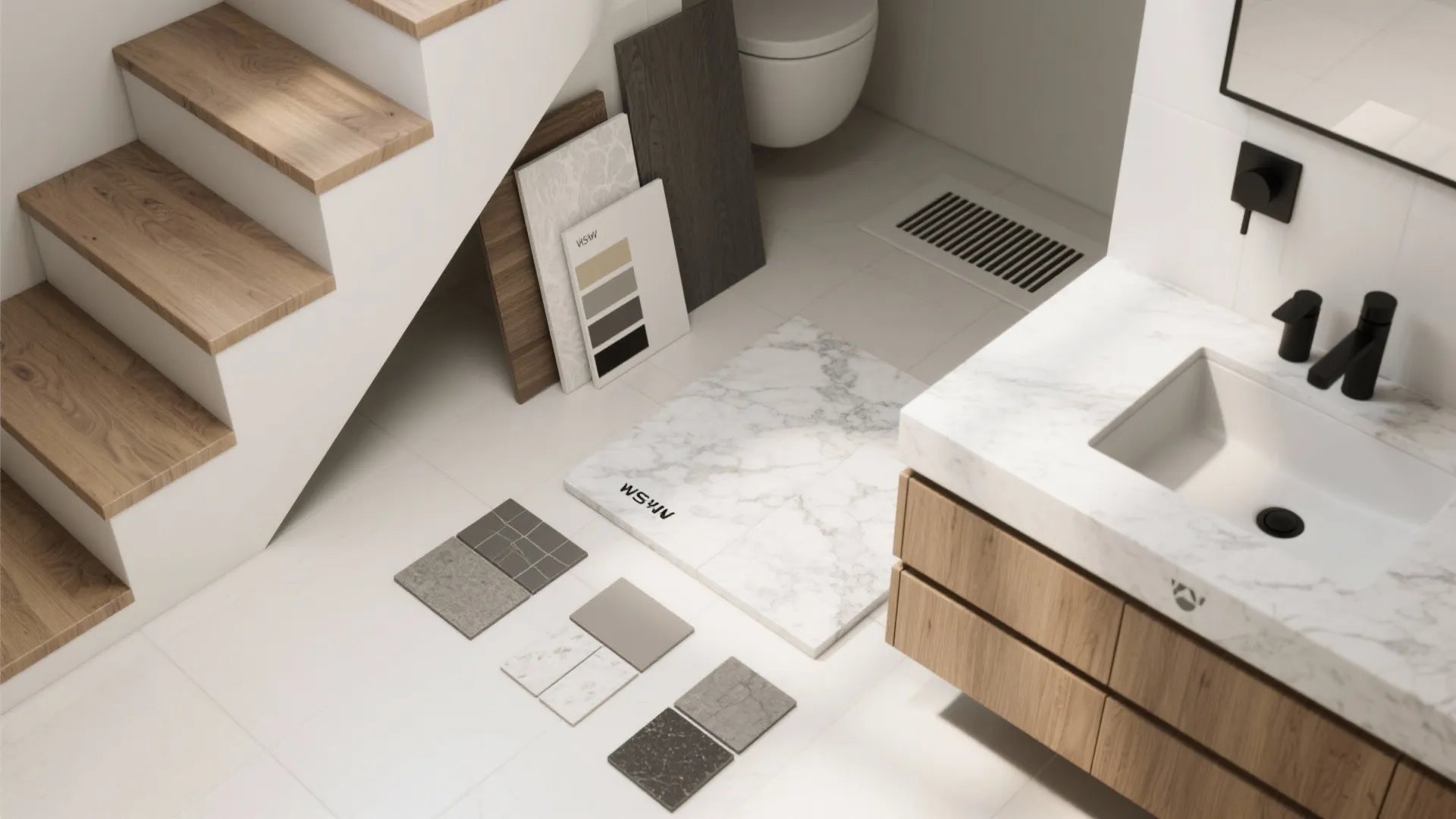 Interior design material board with marble tiles wood samples and color swatches on a bathroom floor