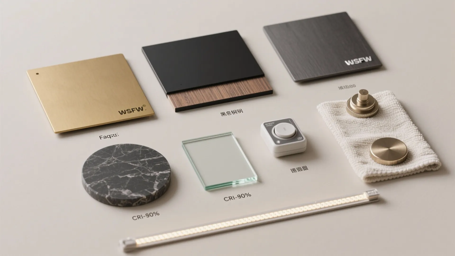 Flatlay of brass, steel, stone, tempered glass, LED strip, dimmer, and care items for pooja frames.