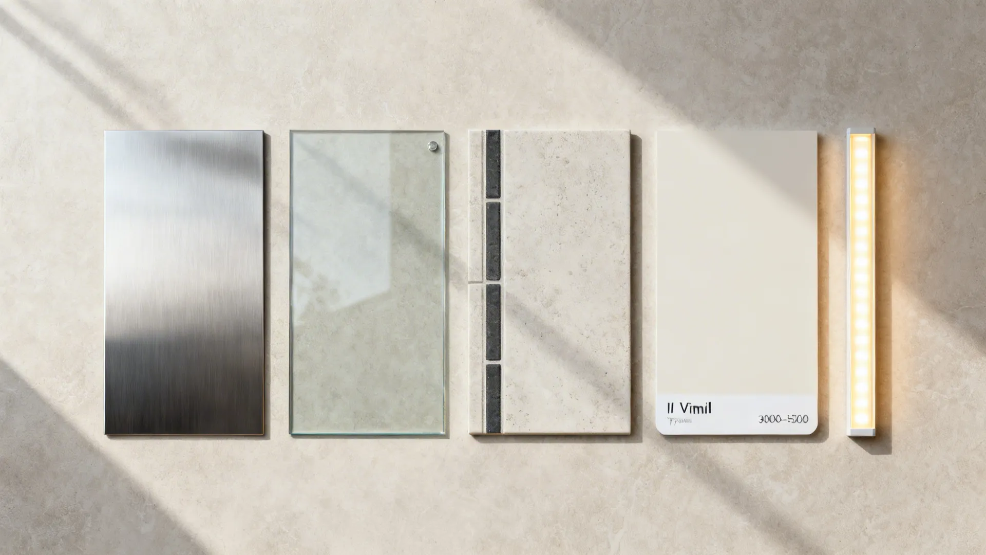 Flat lay of stainless, glass, porcelain with epoxy grout, matte paint, vinyl, and warm LED strip.