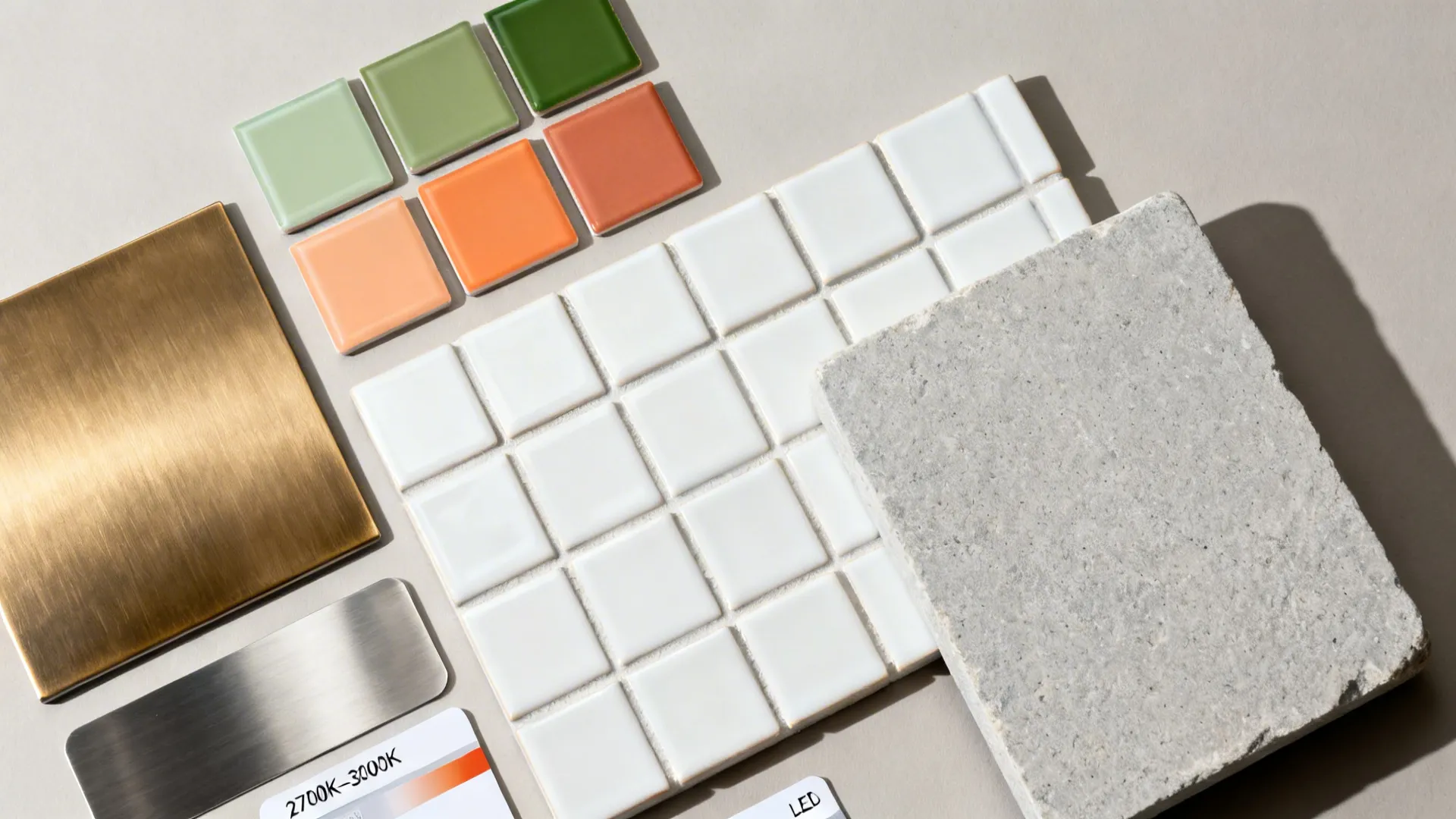 Flat lay of green and orange color chips with metals, tile, and light temp cues.