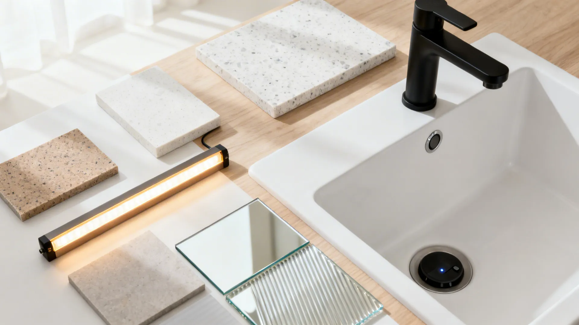 Flat lay of quartz, sintered stone, compact laminate, fluted and mirror glass, LED strip, and a matte black faucet.
