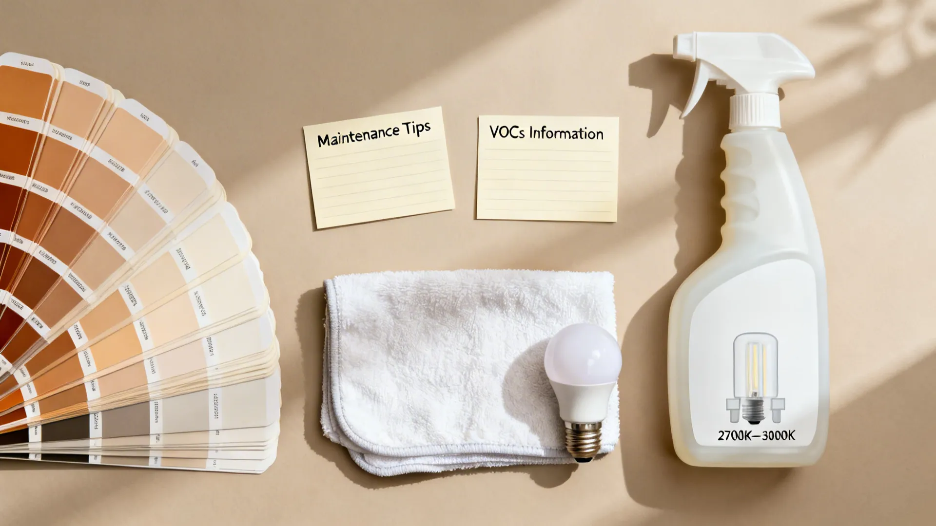 Color swatch book, maintenance notes, white cleaning cloth, light bulb, and plastic spray detergent bottle