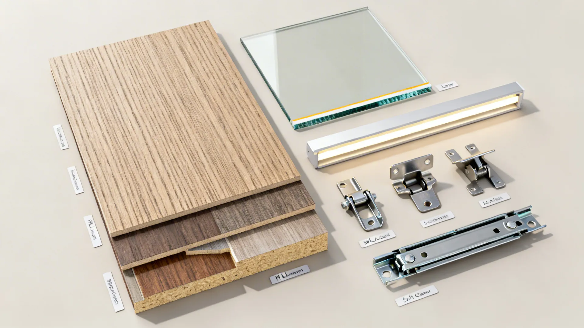 Flat lay of kitchen materials and hardware: laminates, veneers, cores, low-iron glass, LEDs, and soft-close gear.