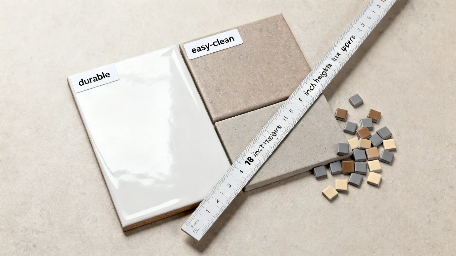Flat lay of tile types, gloss vs matte, height guide, and grout colors for FAQs.
