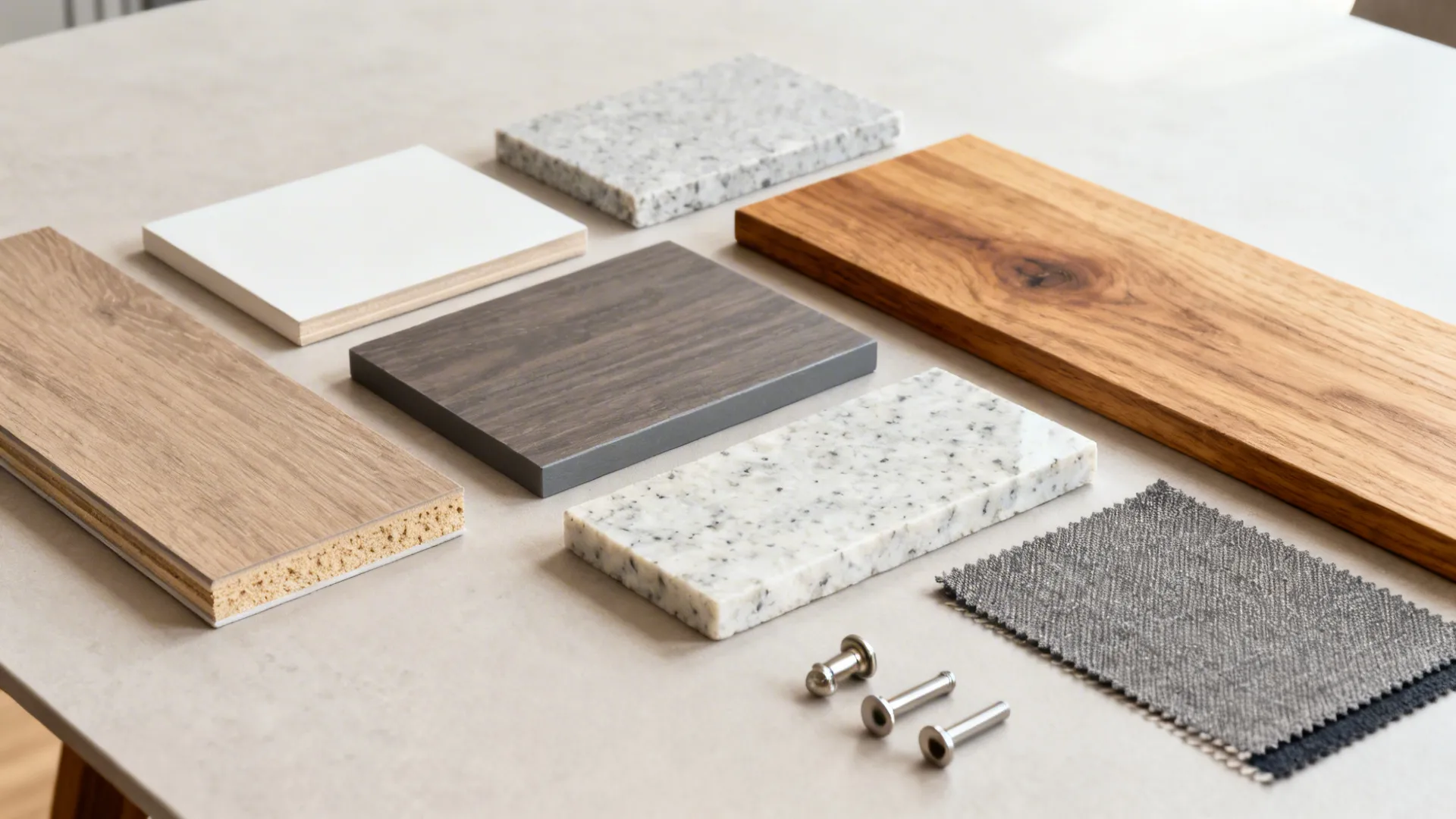 Flat lay of laminate, engineered wood, quartz, oak, fabric, and hardware samples.