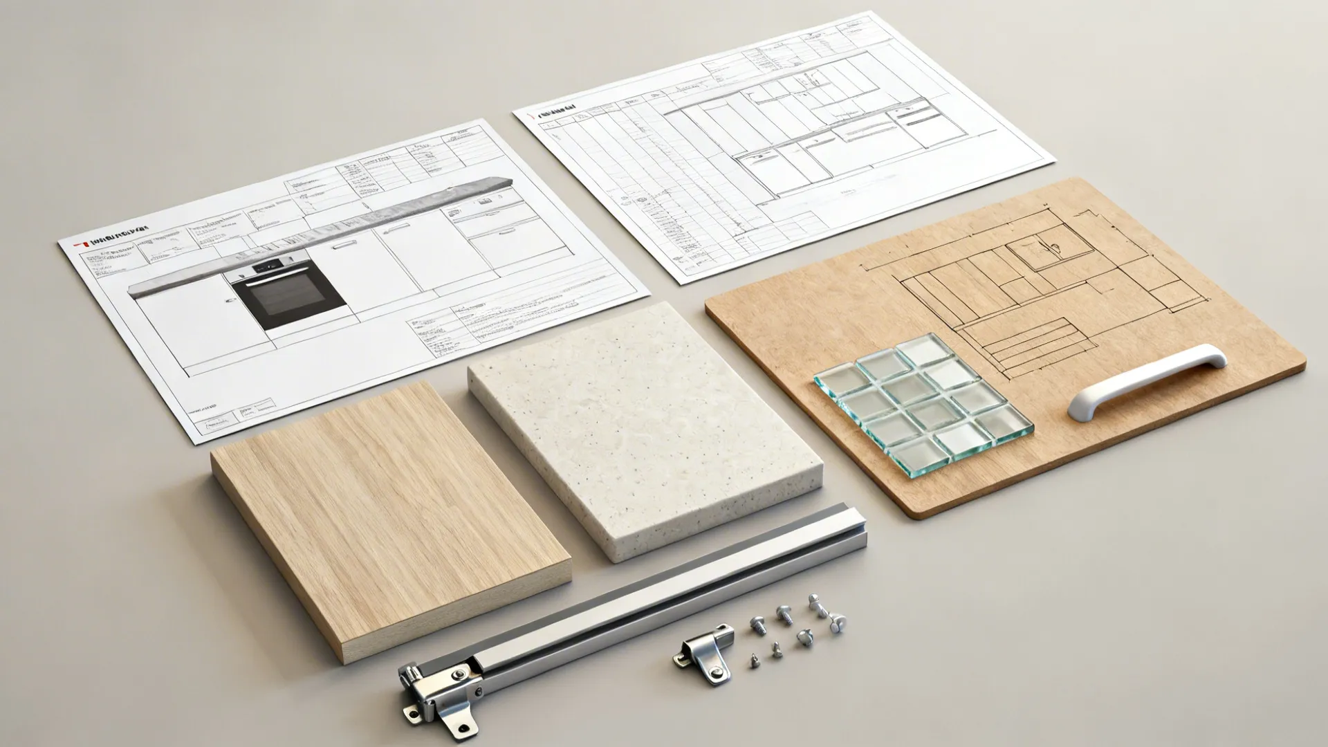 Flat lay of appliance spec sheets, laminate samples, glass sample, and hardware for compact kitchen planning.