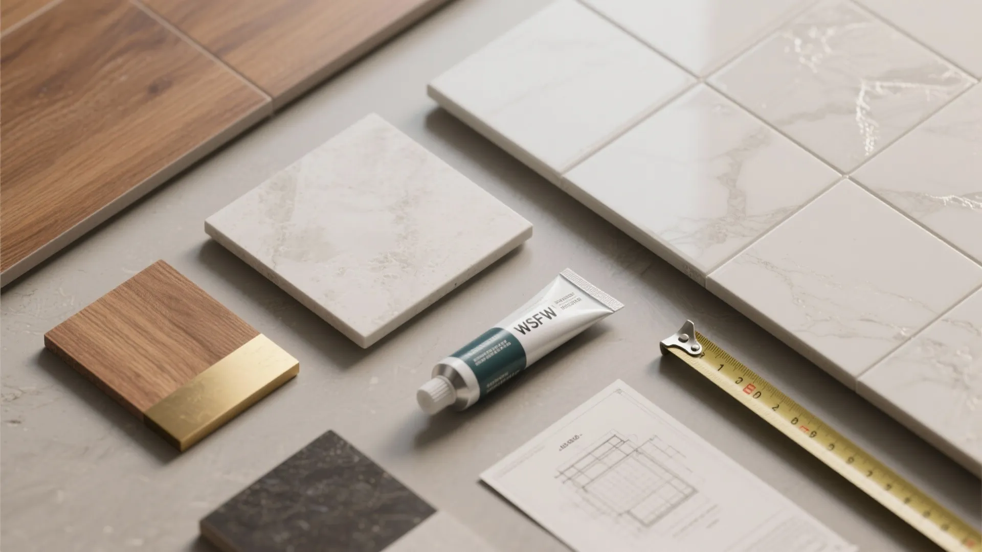 Flat lay of interior design materials featuring wood samples marble tiles measuring tape and drawing