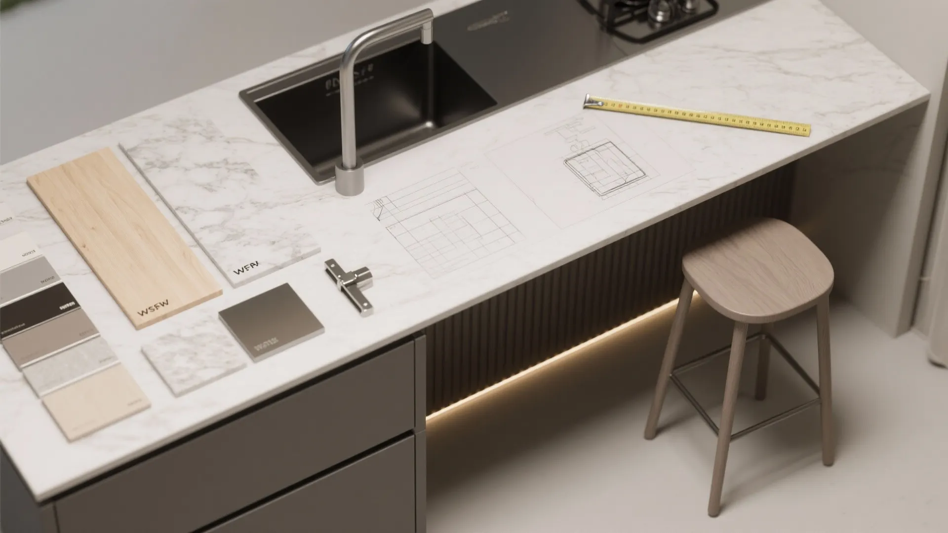 Marble kitchen counter with sink wooden board material samples floor plan sketches and yellow tape