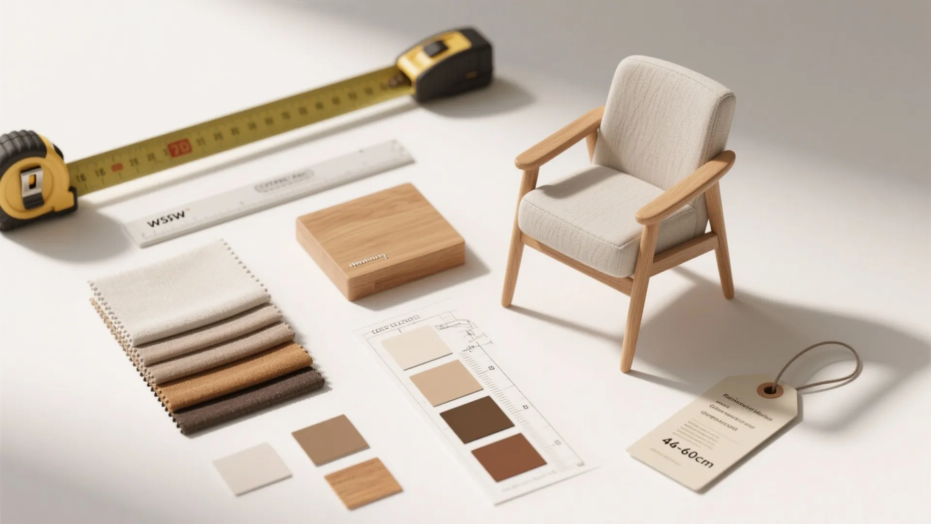 Flat lay of interior design materials including fabric samples wood blocks ruler and small armchair model