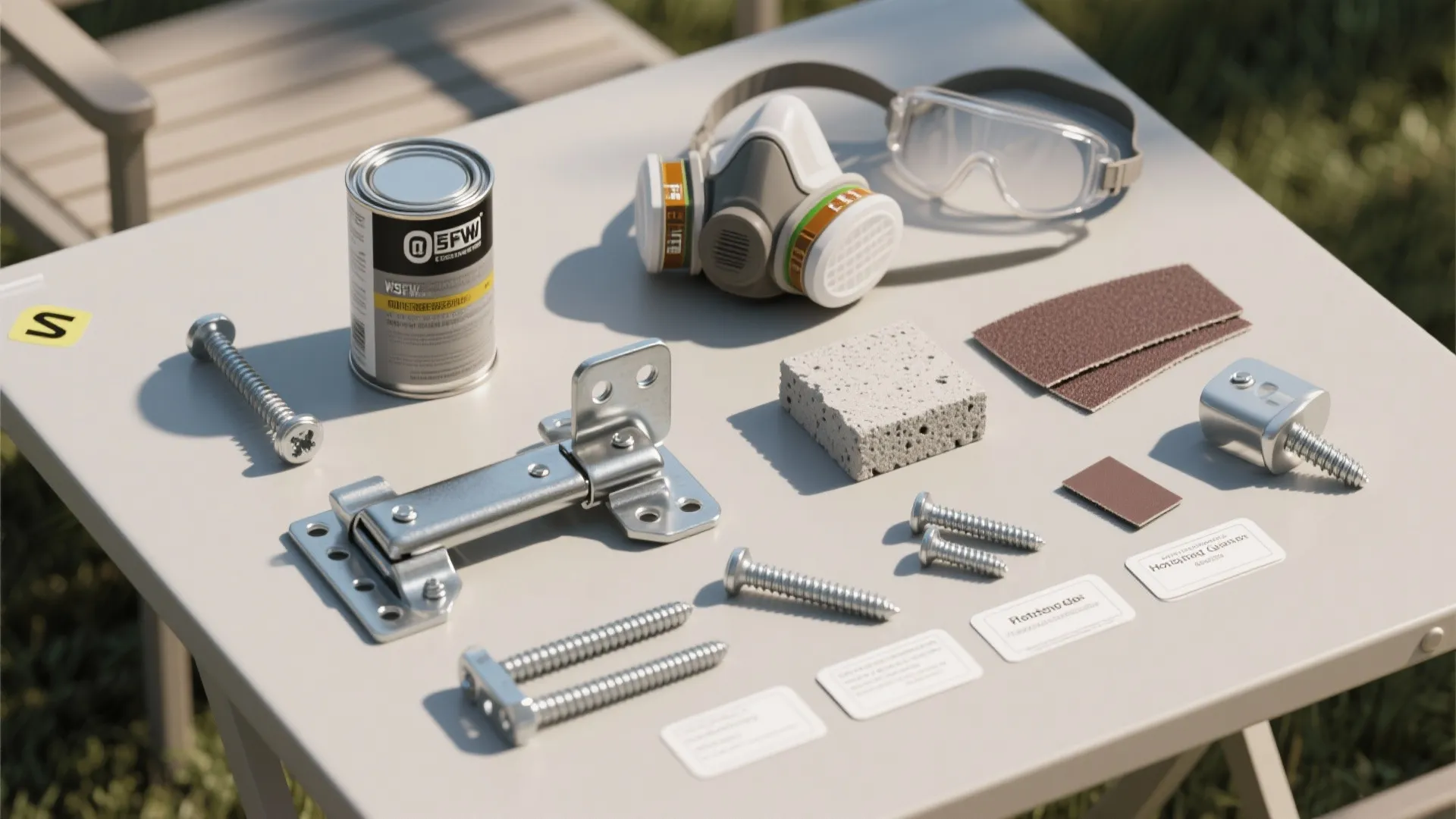 Flatlay of outdoor hardware and materials: stainless screws, marine hinges, exterior sealer, respirator, and lightweight concrete sample.