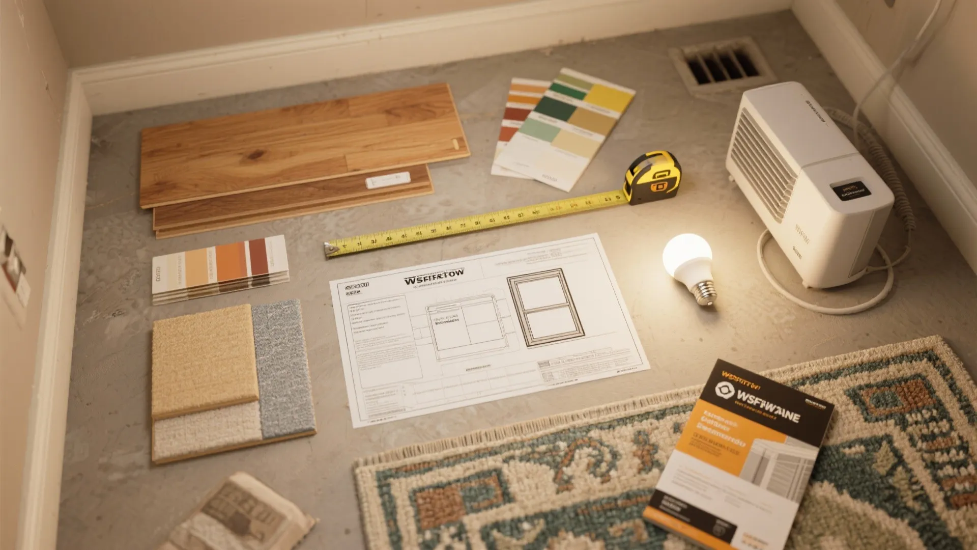 Top-down flatlay of basement renovation materials: swatches, flooring sample, dehumidifier brochure and permit booklet.