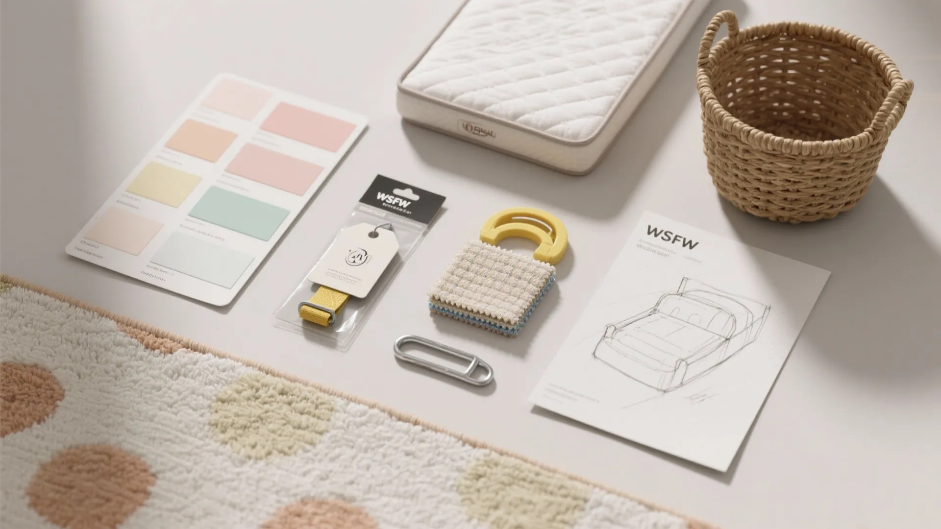 Interior design materials including color board fabric samples bed drawing small basket and soft rug
