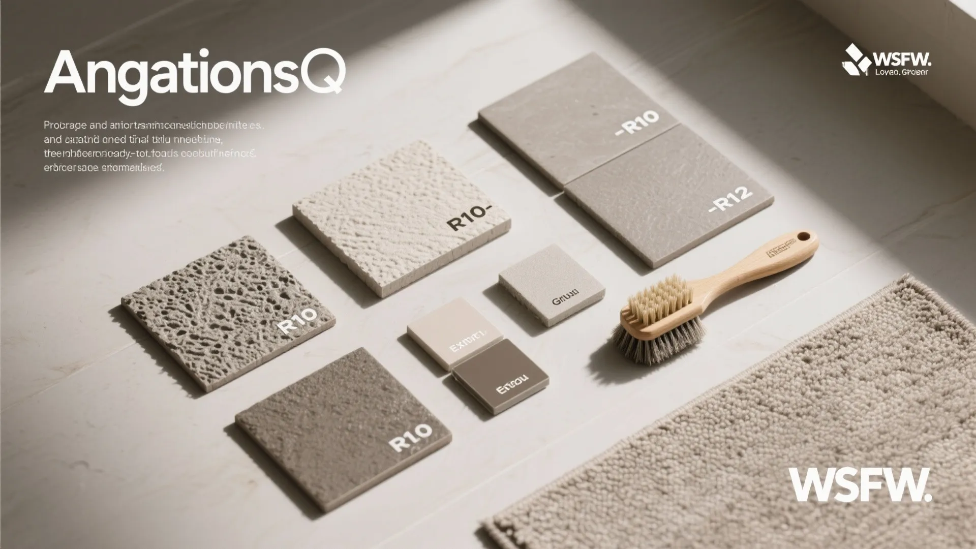 Various textured tile samples and a wooden cleaning brush on a white surface for display