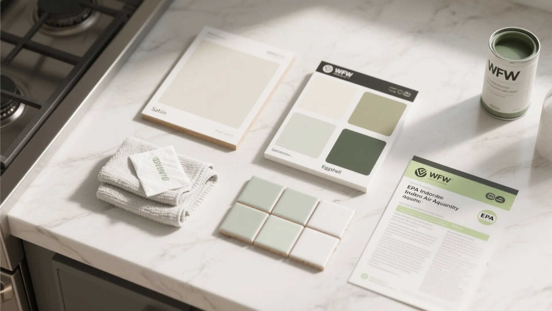 Interior design materials flat lay featuring paint color swatches tiles a small towel and paper