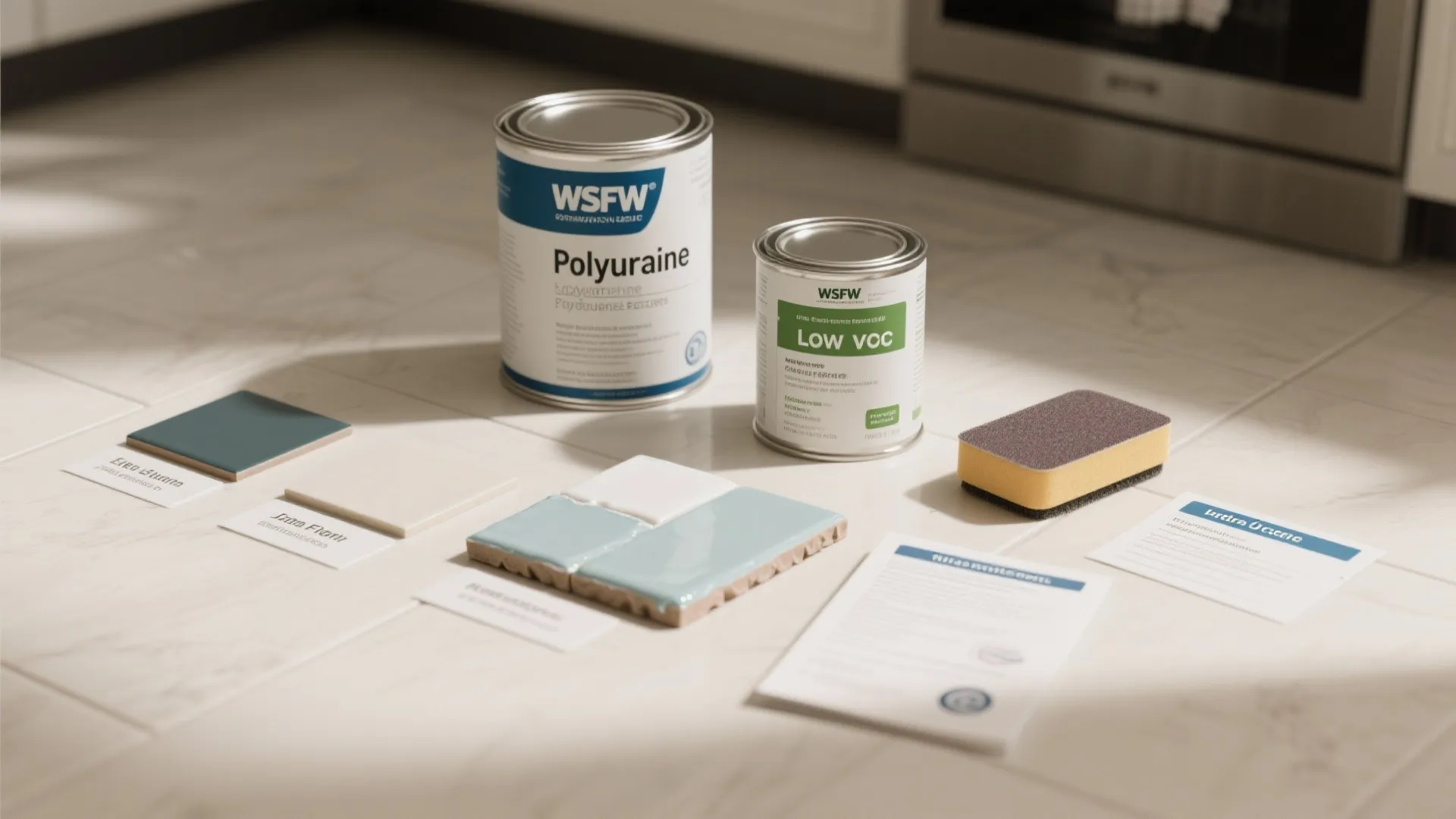 Flatlay of floor coating options and tools including epoxy and low-VOC samples for kitchen floors.