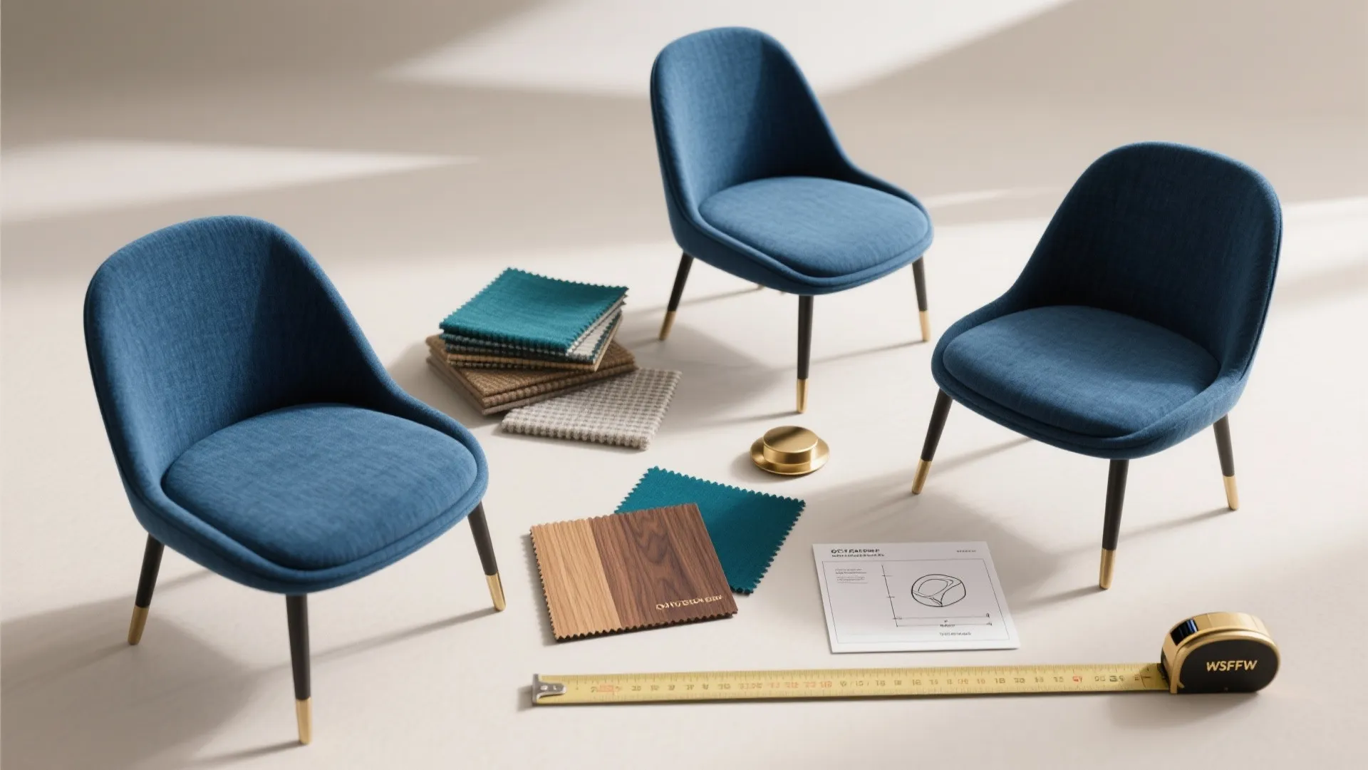 Blue chairs with fabric samples wood swatches a tape measure and an interior design drawing